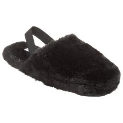 Womens Capelli New York Solid Black Faux Fur Slippers W/Backstrap