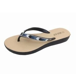 Womens Ashley Blue Beaded Rhinestone Flip Flop Sandals